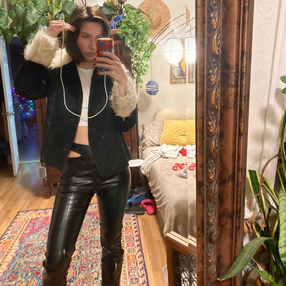 Faux fur collar cuffs faux suede faux fur lining black and white penny lane coat